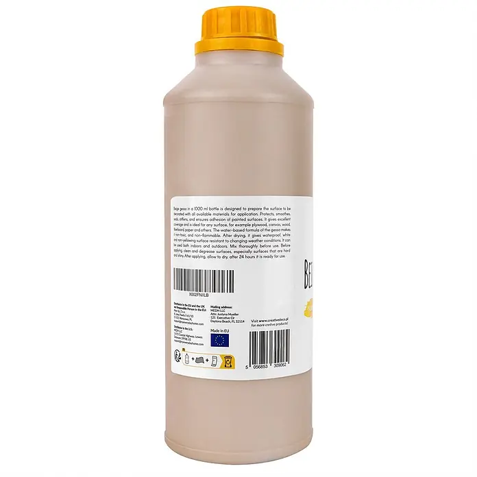Creative Deco Speziallack Gesso Beige 1000ml - Beige, 1 l, Wasserbasiert - Beige Gesso in einer 1000-ml-Flasche mit gelbem Verschluss. Diese wasserbasierte Grundierung bereitet Oberflächen für die Dekoration vor und bietet hervorragende Deckkraft.