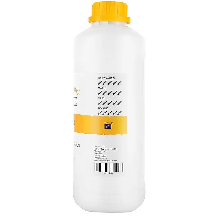 Creative Deco Speziallack Gesso Weiß 1000ml - Weiß, 1 l, Wasserbasiert - Weiße Kunststoffflasche mit gelbem Deckel und Etikett mit Produktmerkmalen wie Vorbereitung, matt, flüssig und undurchsichtig, und 'Made in EU'.
