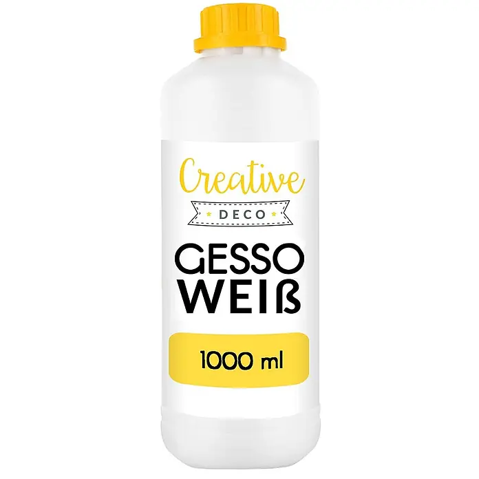 Creative Deco Speziallack Gesso Weiß 1000ml - Weiß, 1 l, Wasserbasiert - Weiße Flasche mit gelbem Deckel und Etikett. Das Etikett liest "Creative DECO Gesso Weiß 1000 ml".