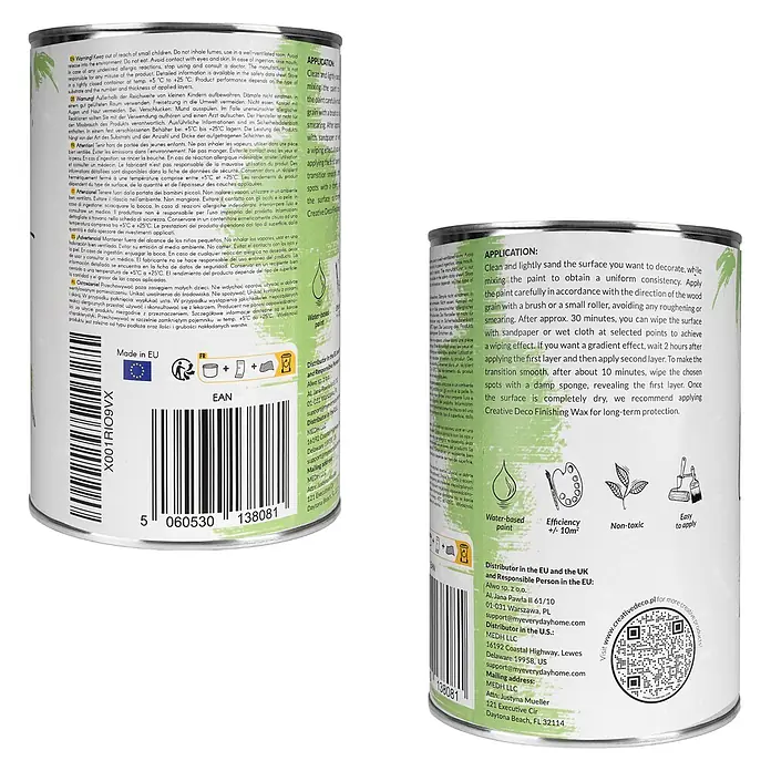 Creative Deco Speziallack Kreidefarbe für Möbel Frühlingsgrün - Grün, Matt, 1 l, Wasserbasiert - Weiße Farbdose mit grünen und weißen Etiketten, die Warnhinweise, Anwendung, Produktmerkmale und Händlerinformationen in mehreren Sprachen zeigen.
