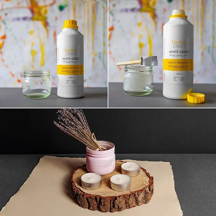 Creative Deco Speziallack Gesso Weiß 1000ml - Weiß, 1 l, Wasserbasiert - Weiße Gesso-Flasche und ihre Anwendung auf einem Glasgefäß zur Oberflächenvorbereitung für ein dekoratives Windlicht mit Lavendel.
