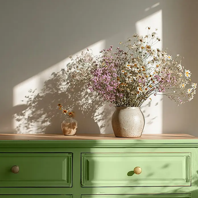 Creative Deco Speziallack Kreidefarbe für Möbel Frühlingsgrün - Grün, Matt, 1 l, Wasserbasiert - Grüne Holzkommode mit heller Holzplatte, dekoriert mit Trockenblumen in einem sonnigen Raum. Runde Knöpfe.