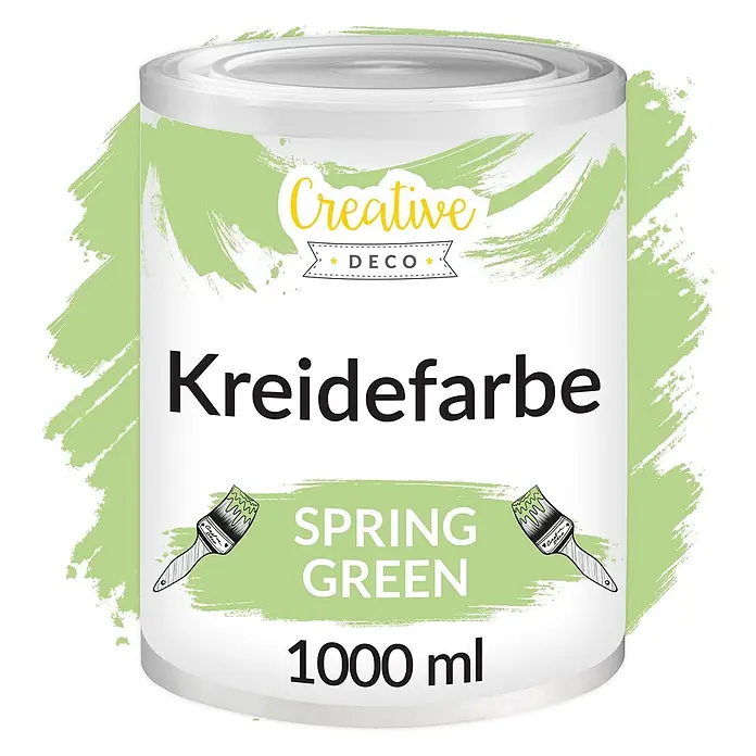 Creative Deco Speziallack Kreidefarbe für Möbel Frühlingsgrün - Grün, Matt, 1 l, Wasserbasiert - Weiße Farbkanne mit hellgrünem Etikett, Aufschrift „Creative Deco Kreidefarbe SPRING GREEN“, zwei Pinsel, 1000 ml.