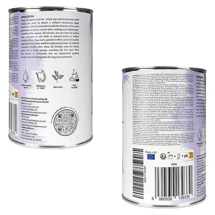 Creative Deco Speziallack Kreidefarbe für Möbel Violett - Violett, Matt, 1 l, Wasserbasiert - Ein weißer Farbtopf mit lila Text und Grafiken, der Anwendungshinweise und Produktdetails anzeigt.