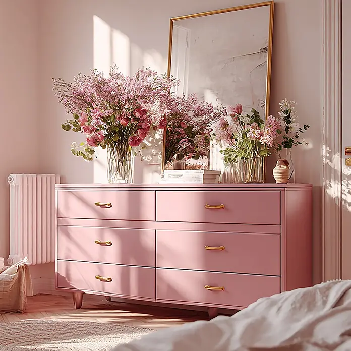 Creative Deco Speziallack Kreidefarbe für Möbel Rosa - Rosa, Matt, 1 l, Wasserbasiert - Rosa Kommode mit sechs Schubladen und goldenen Griffen, mit Blumen und einem Spiegel in einem sonnigen Schlafzimmer.