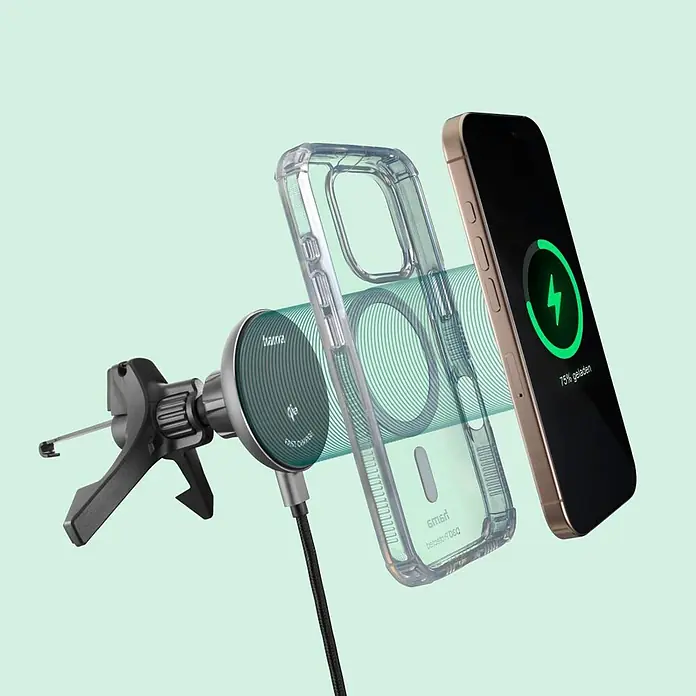 Hama Kfz-Smartphone-Halterung 15 W 201736 00201736 Ausgänge Induktionslade-Standard - Schwarz - Hama magnetisches Kfz-Ladegerät mit transparenter Handyhülle und Telefon, das 75 % geladen anzeigt, an Lüftungshalterung.