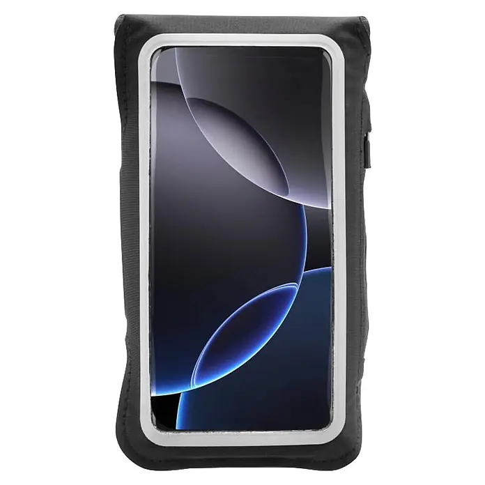 Hama Smartphone-Tasche 00019860 Sportarmband zum Joggen 55" – 64" wasserabweisend - Schwarz - Dunkelgraue wasserdichte Smartphone-Hülle mit weißem Bildschirmrahmen, ein Telefon mit abstraktem blauem Hintergrund haltend.