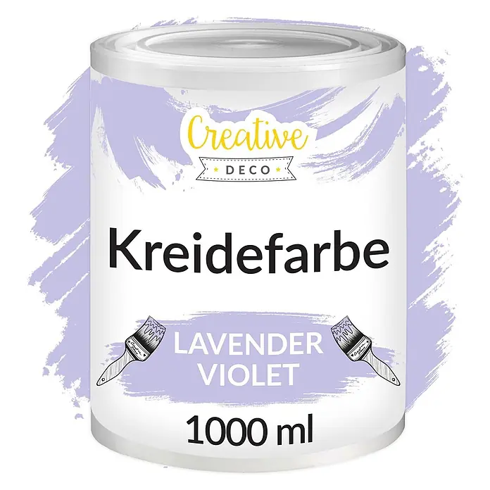 Creative Deco Speziallack Kreidefarbe für Möbel Violett - Violett, Matt, 1 l, Wasserbasiert - Weißer Eimer mit 1000 ml Creative Deco Kreidefarbe in Lavendel Violett.