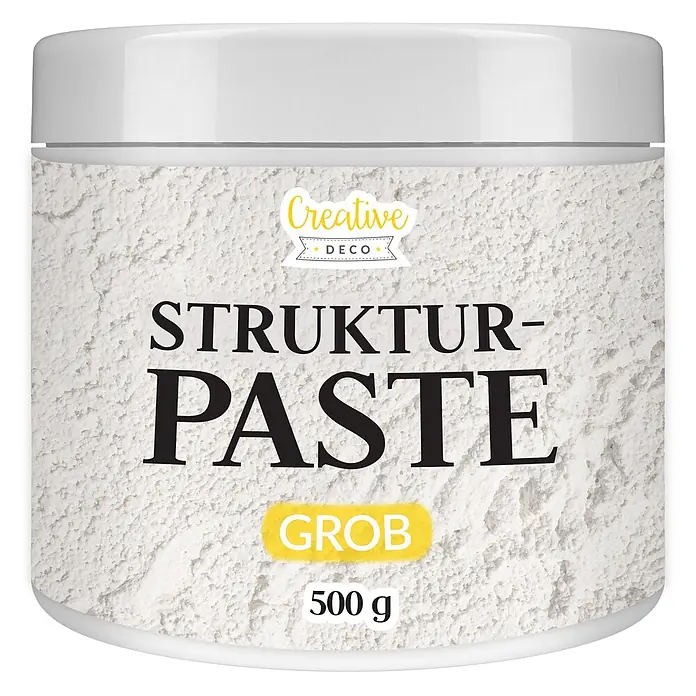 Creative Deco Speziallack Strukturpaste Grobkörnig 500 g Weiß - Weiß, Sonstiges, Sonstiges - Weißer Tiegel Creative DECO Struktur-Paste GROB, 500g, mit schwarzer und gelber Schrift.