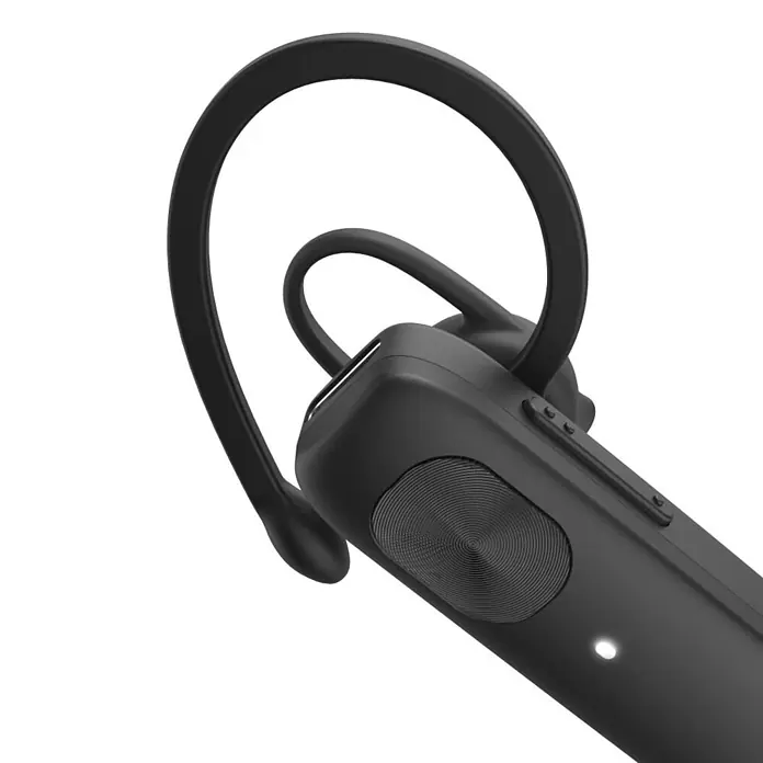 Hama Headset MyVoice Essential Bluetooth - Schwarz - Schwarzes kabelloses Headset mit Ohrbügel, rundem Knopf und LED-Licht.