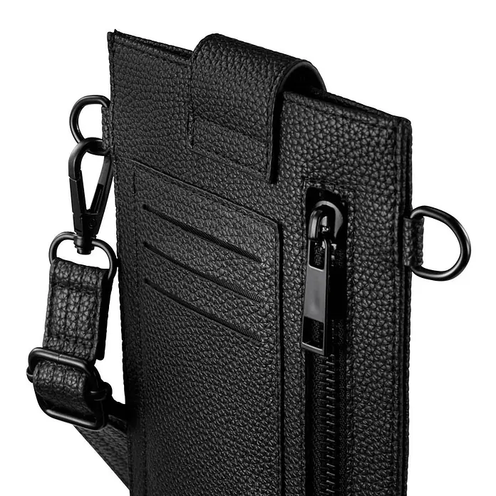Hama Smartphone-Tasche 00137099 Cross-Body zum Umhängen 175 x 11cm - Schwarz - Schwarze strukturierte Geldbörse/Tasche mit Reißverschluss, Kartenfächern und Metallriemenbefestigungen.