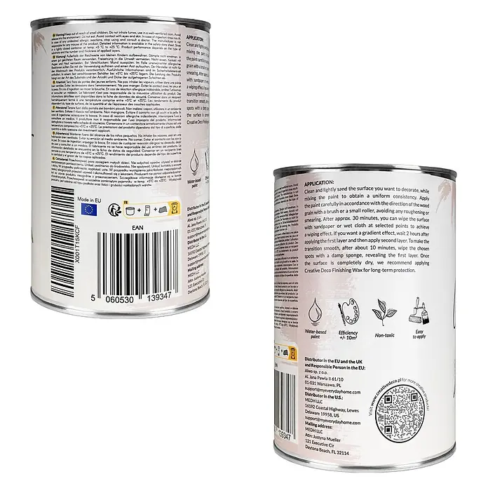 Creative Deco Speziallack Kreidefarbe für Möbel Puderbeige - Beige, Matt, 1 l, Wasserbasiert - Zylindrische Metallfarbdose mit detaillierten Etiketten, Anwendungsanweisungen, Sicherheitshinweisen und Händlerinformationen.