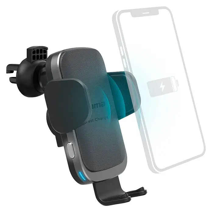 Hama Kfz-Smartphone-Halterung 00201678 "FC10 Motion" 10 W kabellos QI-Charge - Schwarz - Schwarze kabellose Kfz-Ladehalterung mit Lüftungsgitterbefestigung, blauer Anzeigeleuchte und Ladesymbol auf einem Telefondisplay.