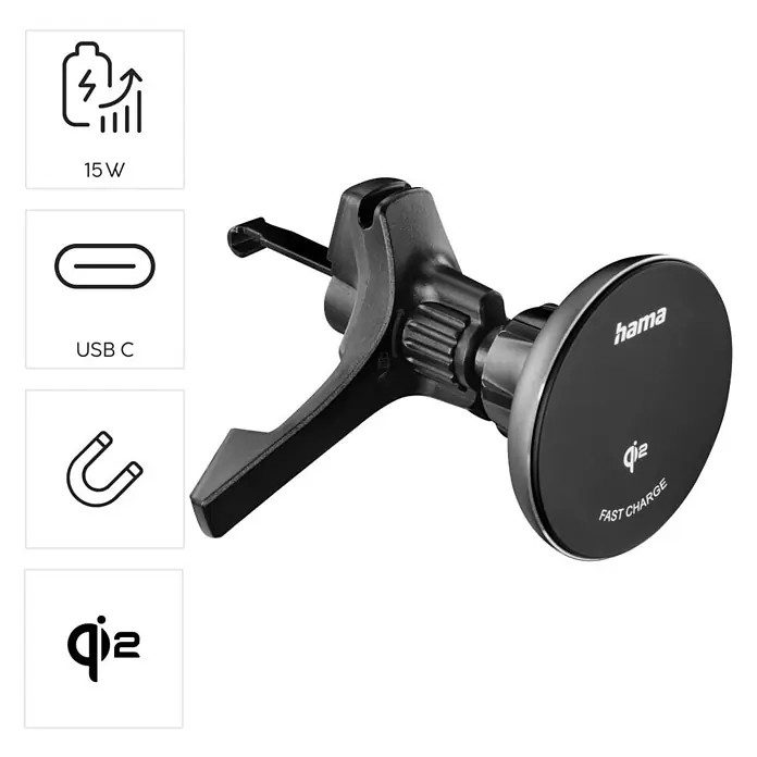 Hama Kfz-Smartphone-Halterung 15 W 201736 00201736 Ausgänge Induktionslade-Standard - Schwarz - Schwarze magnetische Kfz-Halterung für Telefone mit Qi2 kabelloser Schnellladefunktion und USB-C.