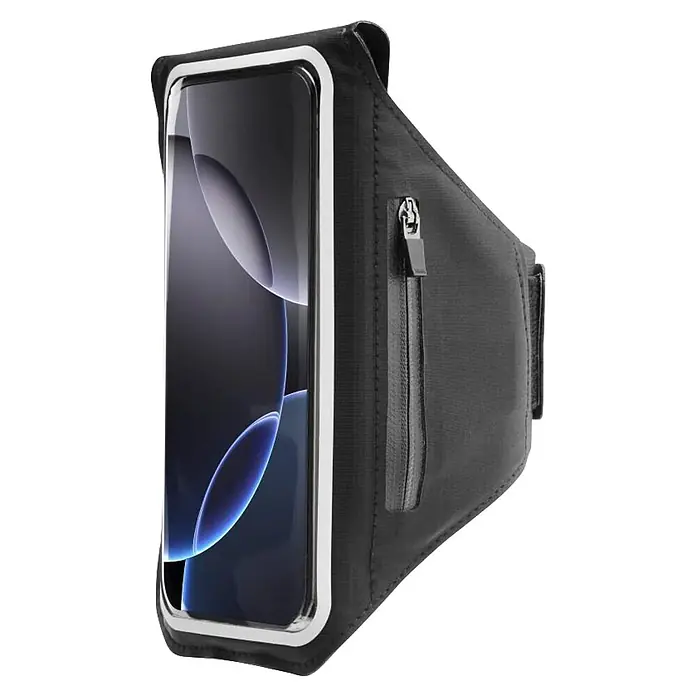 Hama Smartphone-Tasche 00019860 Sportarmband zum Joggen 55" – 64" wasserabweisend - Schwarz - Schwarzes Stoff-Smartphone-Armband mit transparentem Bildschirmfenster und Reißverschlussfach.