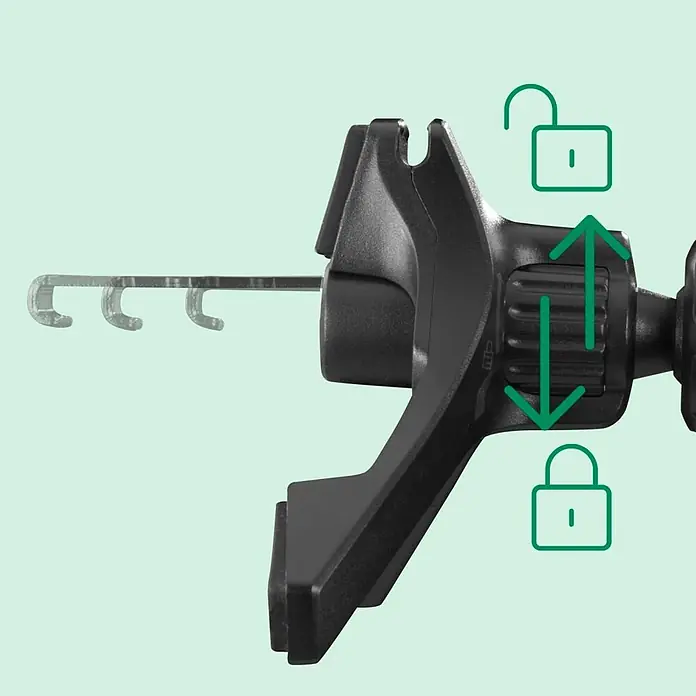 Hama Kfz-Smartphone-Halterung 15 W 201736 00201736 Ausgänge Induktionslade-Standard - Schwarz - Schwarze Kunststoff-Auto-Handyhalterung mit transparenten Lüftungshaken und grünen Ver-/Entriegelungssymbolen zur Höhenverstellung.