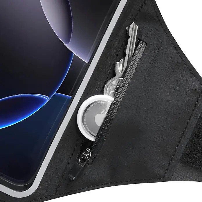Hama Smartphone-Tasche 00019860 Sportarmband zum Joggen 55" – 64" wasserabweisend - Schwarz - Schwarzer Stoff-Arm-/Hüftgurt mit durchsichtigem Smartphone-Fenster, Reißverschlusstasche für Schlüssel und AirTag.