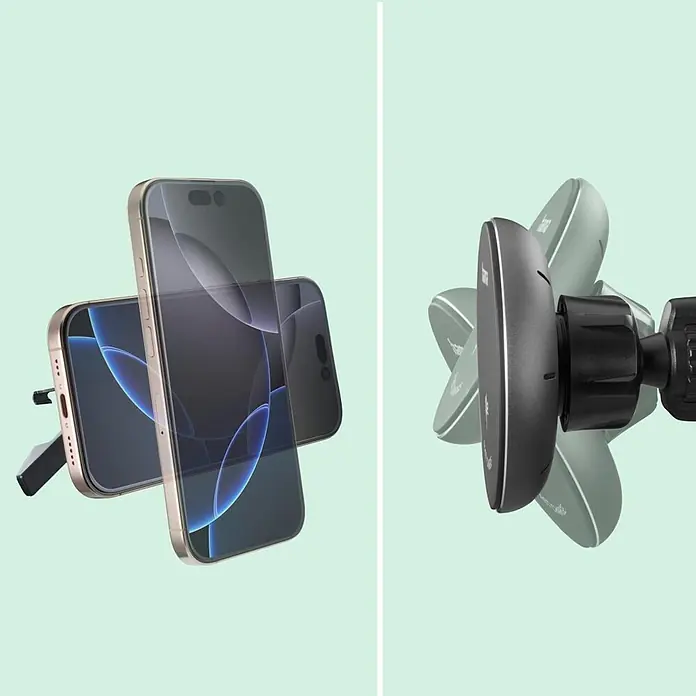 Hama Kfz-Smartphone-Halterung 15 W 201736 00201736 Ausgänge Induktionslade-Standard - Schwarz - Ein goldenes Smartphone mit Blickschutzfolie, von der Seite betrachtet, neben einer schwarz-graugrünen verstellbaren Auto-Handyhalterung.