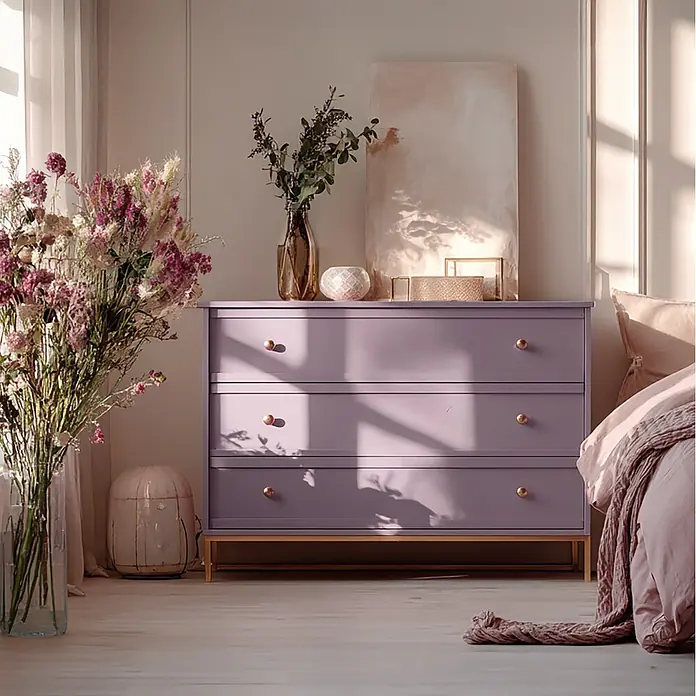 Creative Deco Fliederviolett Kreidefarbe für Möbel 1000 ml -  - Eine lila Kommode mit drei Schubladen und goldenen Knöpfen steht in einem sonnigen Schlafzimmer neben einem Bett und einer großen Vase mit Trockenblumen.