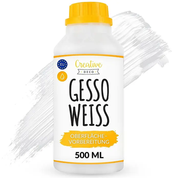 Creative Deco Speziallack Gesso Weiß 500ml - Weiß, 0,5 l, Wasserbasiert - Weiße Flasche mit gelbem Verschluss und Etikett für Creative Deco Gesso Weiss (500ml), eine weiße Grundierung zur Oberflächenvorbereitung.