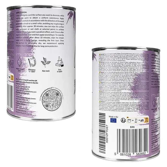Creative Deco Fliederviolett Kreidefarbe für Möbel 1000 ml -  - Eine weiße Farbdoase mit lila Etikett, die Anwendungshinweise und Warninformationen zeigt.