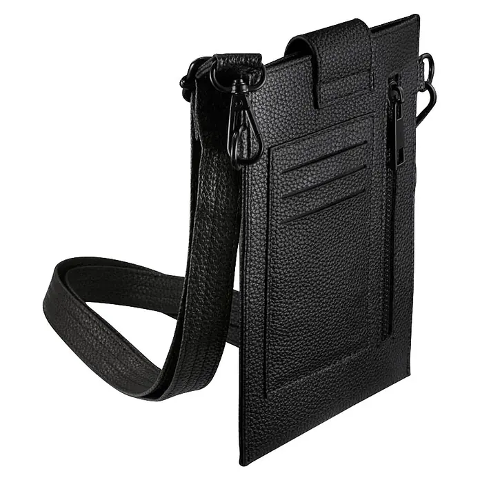 Hama Smartphone-Tasche 00137099 Cross-Body zum Umhängen 175 x 11cm - Schwarz - Schwarze Umhängetasche aus genarbtem Leder mit verstellbarem Riemen, Reißverschlusstasche und Kartenfächern.