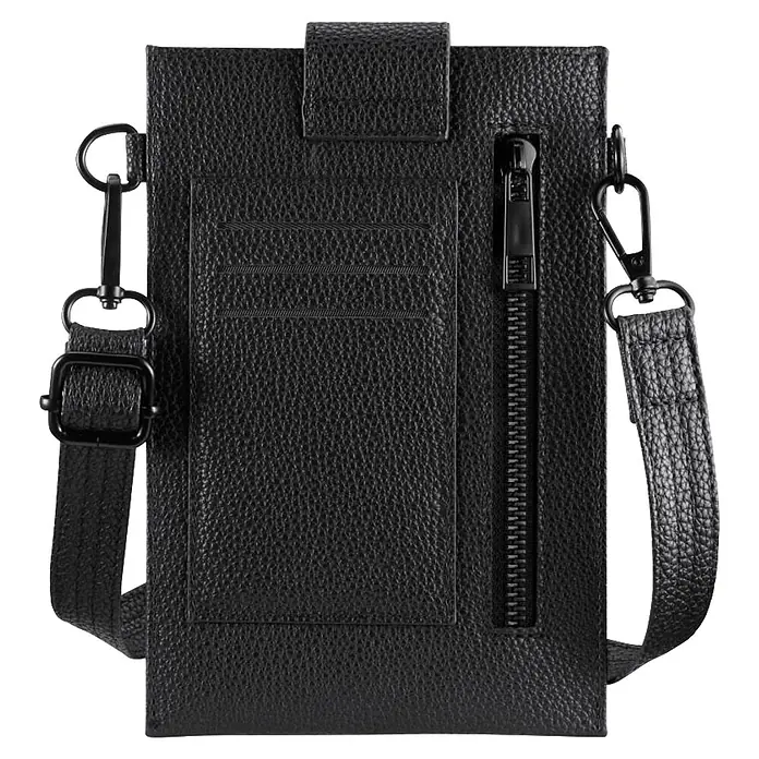 Hama Smartphone-Tasche 00137099 Cross-Body zum Umhängen 175 x 11cm - Schwarz - Schwarze Umhängetasche aus genarbtem Leder mit Reißverschlusstasche, Kartenfächern und verstellbarem Riemen.