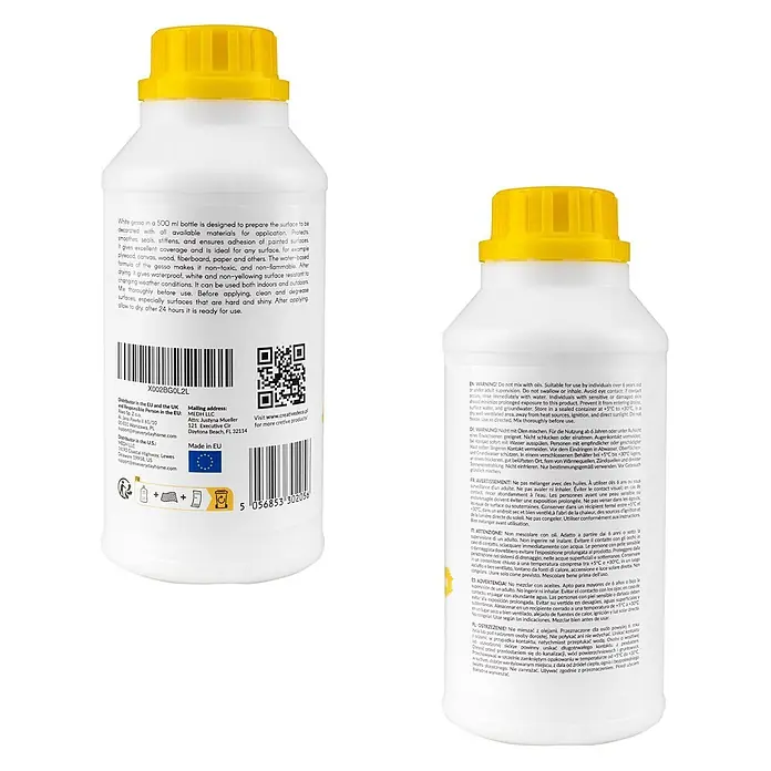 Creative Deco Speziallack Gesso Weiß 500ml - Weiß, 0,5 l, Wasserbasiert - Weißes Gesso in einer 500-ml-Flasche mit gelbem Deckel, zur Oberflächenvorbereitung.