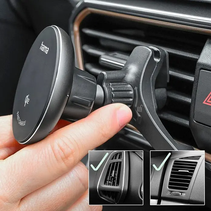 Hama Kfz-Smartphone-Halterung 15 W 201736 00201736 Ausgänge Induktionslade-Standard - Schwarz - Dunkelgraue magnetische KFZ-Handyhalterung mit Schnellladefunktion, an Lüftungsschlitz befestigt.