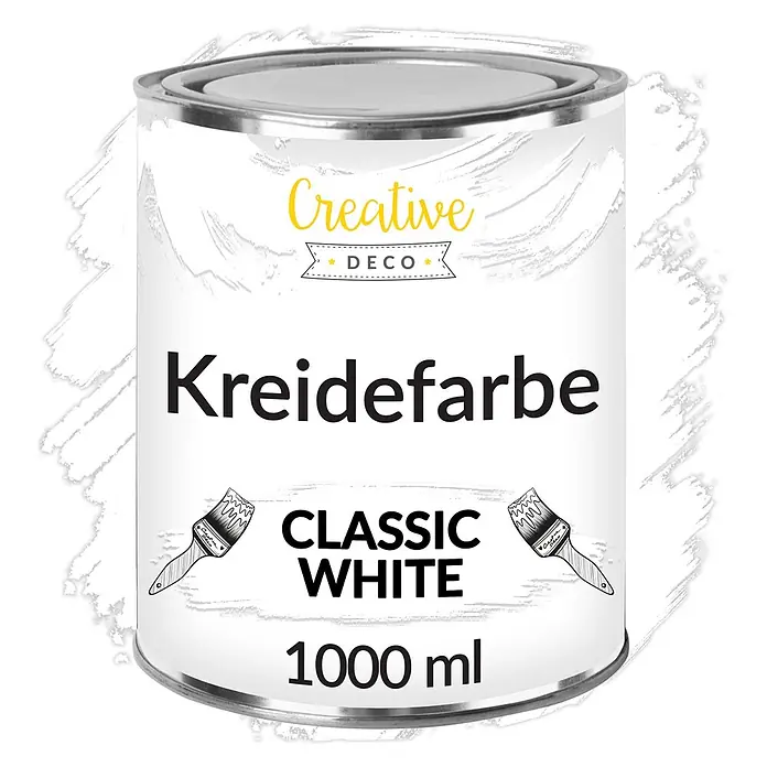 Creative Deco Speziallack Kreidefarbe für Möbel Weiß - Weiß, Matt, 1 l, Wasserbasiert - Weiße Farbkanne 'Creative Deco Kreidefarbe Classic White', 1000 ml Fassungsvermögen, für kreative Dekoration.