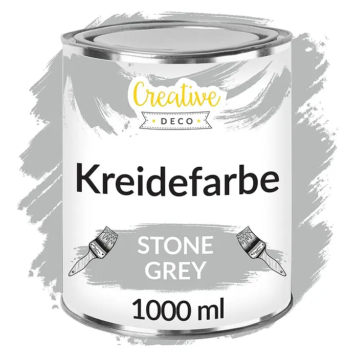 Creative Deco Speziallack Kreidefarbe für Möbel Grau - Grau, Matt, 1 l, Wasserbasiert - Farbdose mit "Creative Deco Kreidefarbe Stone Grey 1000 ml" Etikett.