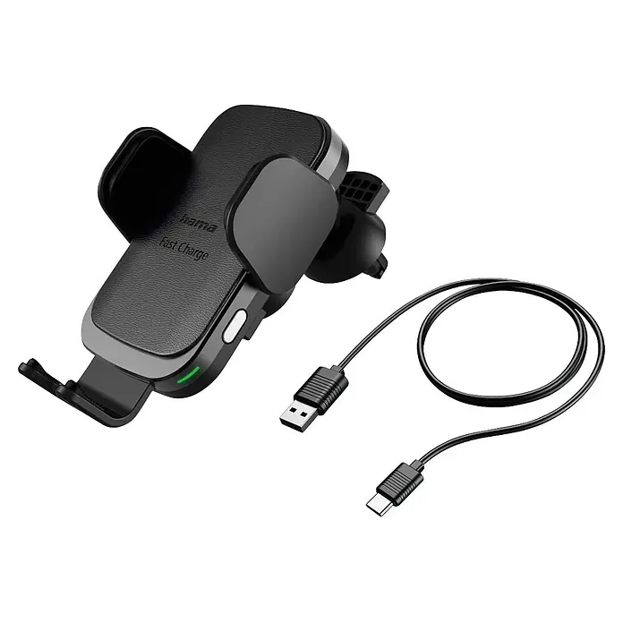Hama Kfz-Smartphone-Halterung 00201678 "FC10 Motion" 10 W kabellos QI-Charge - Schwarz - Schwarze Hama Auto-Handyhalterung mit schneller kabelloser Ladefunktion und einem schwarzen USB-A-auf-USB-C-Kabel.