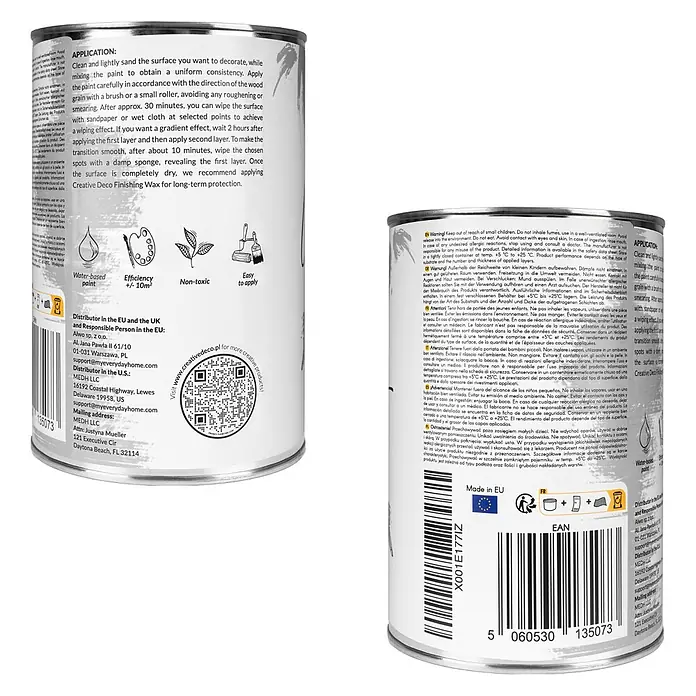 Creative Deco Speziallack Kreidefarbe für Möbel Grau - Grau, Matt, 1 l, Wasserbasiert - Ein silberner Metallfarbkanister mit weißem Etikett, das Produktanweisungen, Symbole und einen Barcode zeigt.