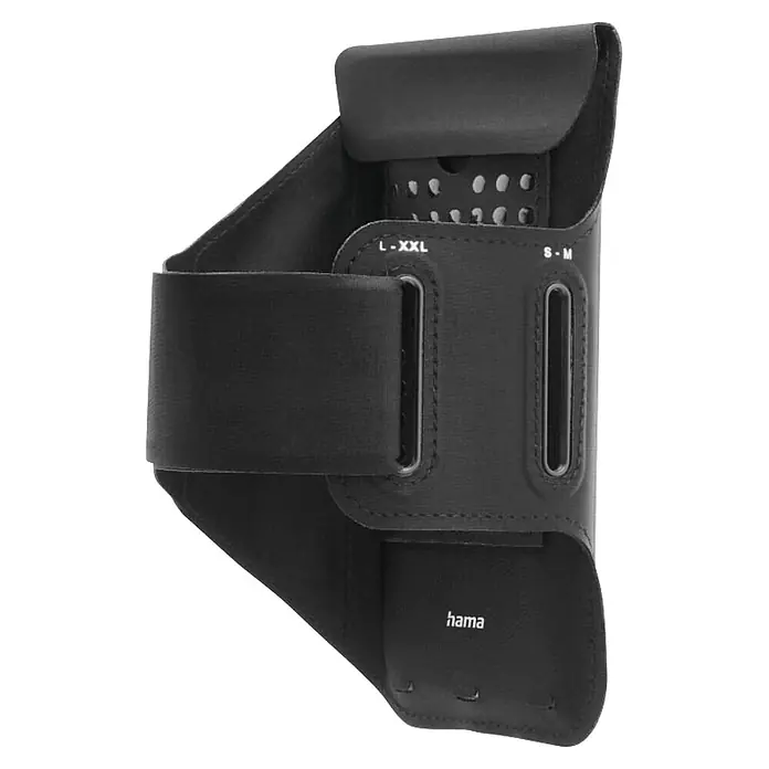 Hama Smartphone-Tasche 00019860 Sportarmband zum Joggen 55" – 64" wasserabweisend - Schwarz - Schwarzes verstellbares Smartphone-Armband mit Größenangaben 'L-XXL', 'S-M' und Hama-Logo.