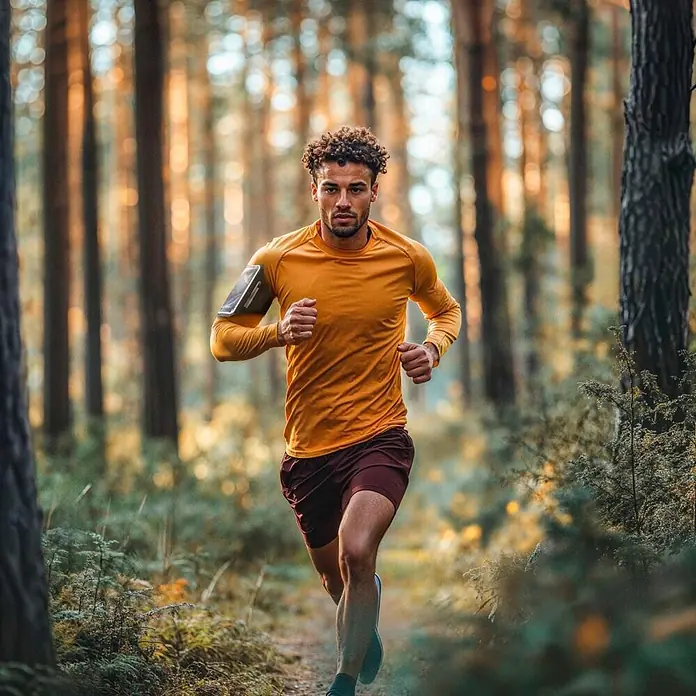 Hama Smartphone-Tasche 00019860 Sportarmband zum Joggen 55" – 64" wasserabweisend - Schwarz - Mann läuft auf einem Waldweg, trägt orangefarbenes Langarm-Laufshirt, bordeauxrote Shorts und eine Handy-Armbinde.