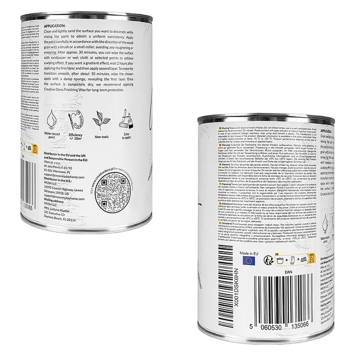 Creative Deco Speziallack Kreidefarbe für Möbel Weiß - Weiß, Matt, 1 l, Wasserbasiert - Weiß-silberne Farbkanne mit mehrsprachigen Anweisungen und Anwendungssymbolen.