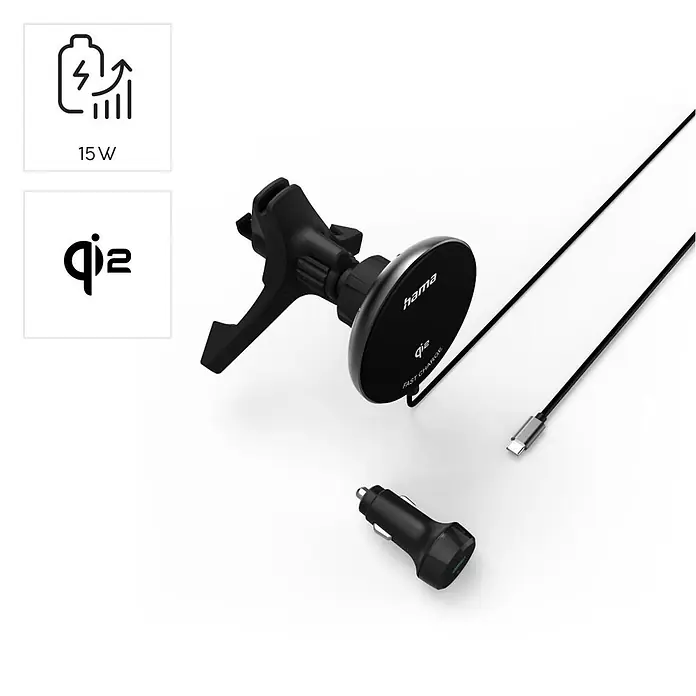 Hama Kfz-Smartphone-Halterung 15 W 201736 00201736 Ausgänge Induktionslade-Standard - Schwarz - Schwarze Qi2 15W Schnelllade-Autohalterung mit USB-C-Kabel und Autoadapter.