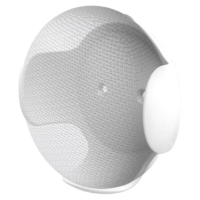 Hama Wandhalter 00220888 für Google Home/Nest mini - Weiß - Weißes, kuppelförmiges Audiogerät mit Netzgewebebezug und einem ovalen Bedienfeld an der Seite.