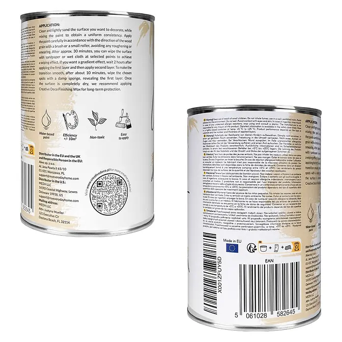 Creative Deco Speziallack Kreidefarbe für Möbel Vanillegelb - Gelb, Matt, 1 l, Wasserbasiert - Weiße Dose Creative Deco Veredelungswachs mit mehrsprachigen Etiketten und Anwendungshinweisen.