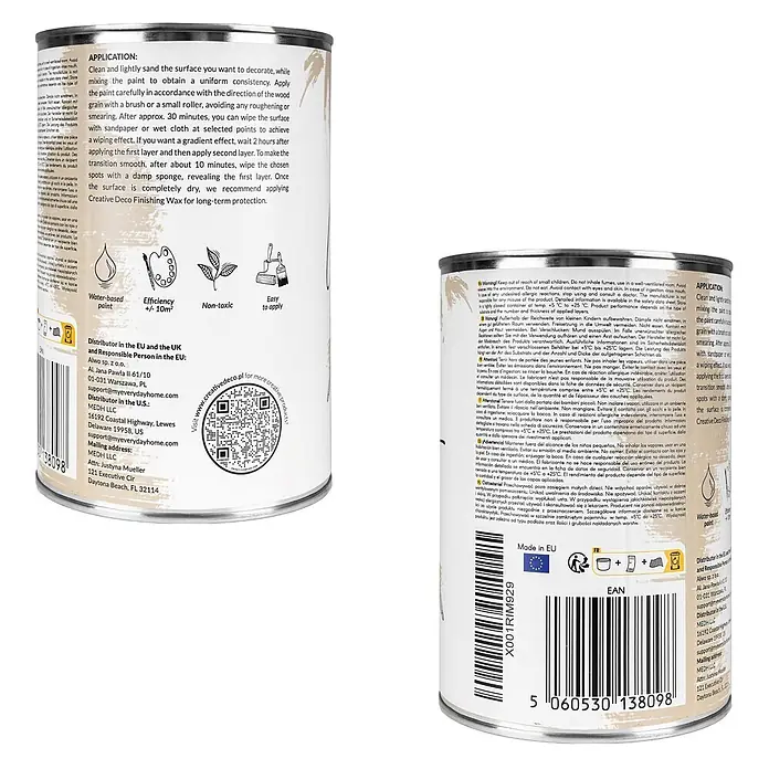 Creative Deco Speziallack Kreidefarbe für Möbel Sandbeige - Beige, Matt, 1 l, Wasserbasiert - Eine Metalldose mit Creative Deco Farbe oder Wachs, mit Produktinformationen, Anwendungshinweisen und Händlerdetails auf einem hellbeigen Etikett.