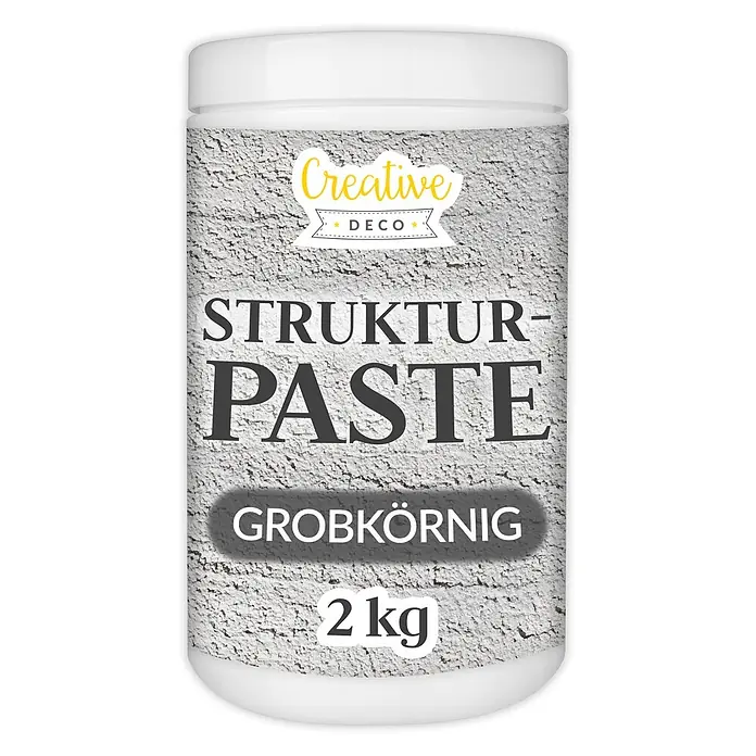 Creative Deco Speziallack Strukturpaste Grobkörnig 2 kg Grau - Grau, Sonstiges, 2 l, Sonstiges - Weißer 2 kg Behälter mit grobkörniger Struktur-Paste und Creative Deco Etikett.
