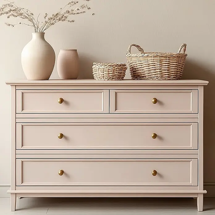 Creative Deco Speziallack Kreidefarbe für Möbel Sandbeige - Beige, Matt, 1 l, Wasserbasiert - Hellrosa Kommode mit goldenen Knöpfen, dekoriert mit zwei Vasen getrockneter Blumen und Korbtaschen.