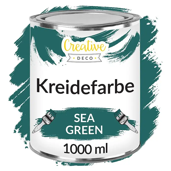 Creative Deco Speziallack Kreidefarbe für Möbel Meergrün - Grün, Matt, 1 l, Wasserbasiert - 1000 ml Dose Creative Deco Kreidefarbe Meeresgrün mit Pinsel-Illustration.