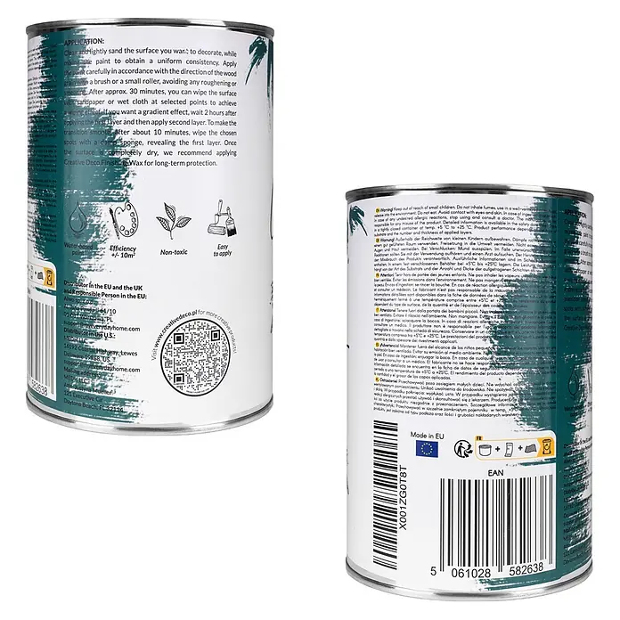 Creative Deco Speziallack Kreidefarbe für Möbel Meergrün - Grün, Matt, 1 l, Wasserbasiert - Eine weiß-türkise Farbdose mit Anweisungen und Illustrationen für Anwendung und Produktdetails.