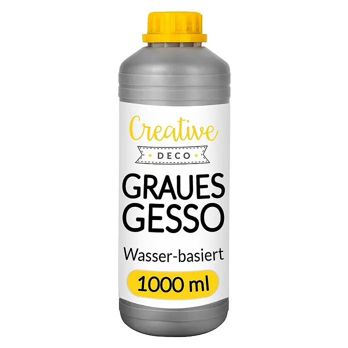 Creative Deco Speziallack Gesso Grau 1000ml - Grau, 1 l, Wasserbasiert - Graue Flasche mit 1000 ml wasserbasiertem grauem Gesso, gelber Kappe und weißem Etikett.