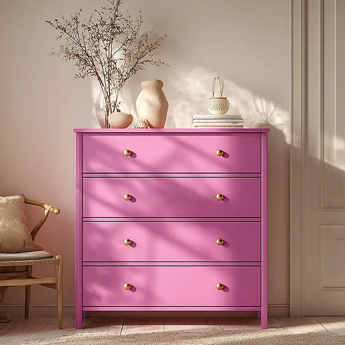 Creative Deco Speziallack Kreidefarbe für Möbel Fuchsia - Rosa, Matt, 1 l, Wasserbasiert - Eine leuchtend pinke Kommode mit vier Schubladen und goldenen Knäufen, in einem sonnigen Raum neben einem Holzstuhl.