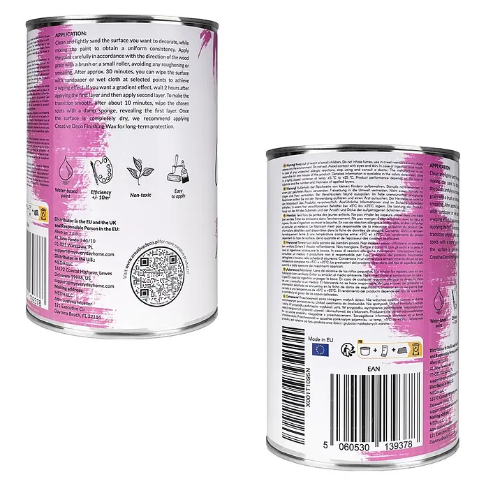 Creative Deco Speziallack Kreidefarbe für Möbel Fuchsia - Rosa, Matt, 1 l, Wasserbasiert - Weiße Metallfarbdose mit pinkfarbenem Design und schwarzem Text mit Anweisungen und Produktinformationen.
