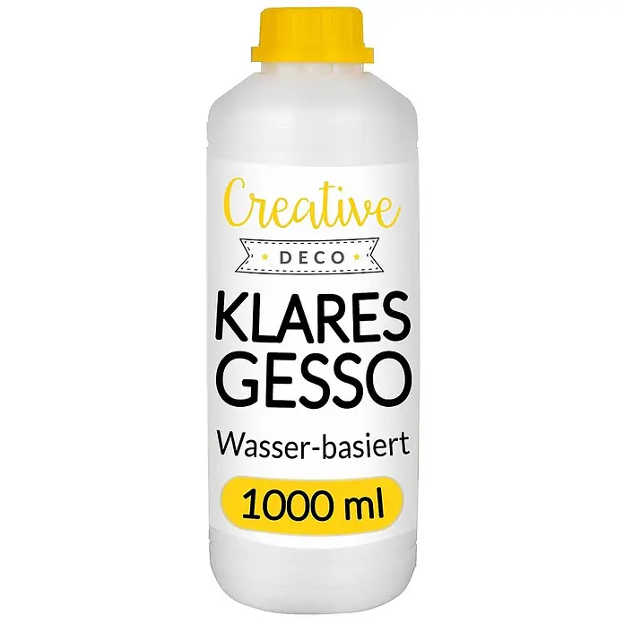 Creative Deco Speziallack Gesso Klar 1000ml - Transparent, 1 l, Wasserbasiert - Weiße Flasche mit gelbem Verschluss für 1000ml klares, wasserbasiertes Gesso von Creative Deco.