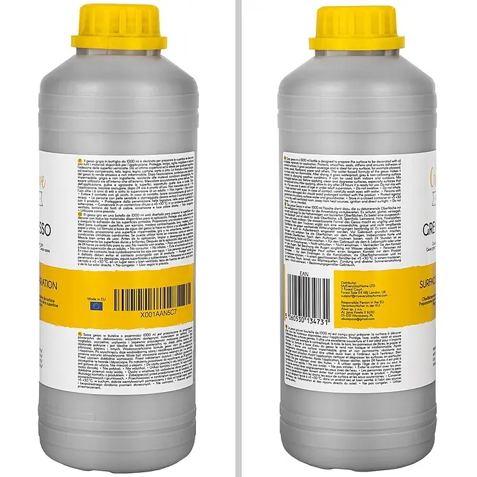Creative Deco Speziallack Gesso Grau 1000ml - Grau, 1 l, Wasserbasiert - Graues Gesso in einer 1000ml Flasche mit gelbem Deckel, zur Vorbereitung von Oberflächen für die Dekoration.