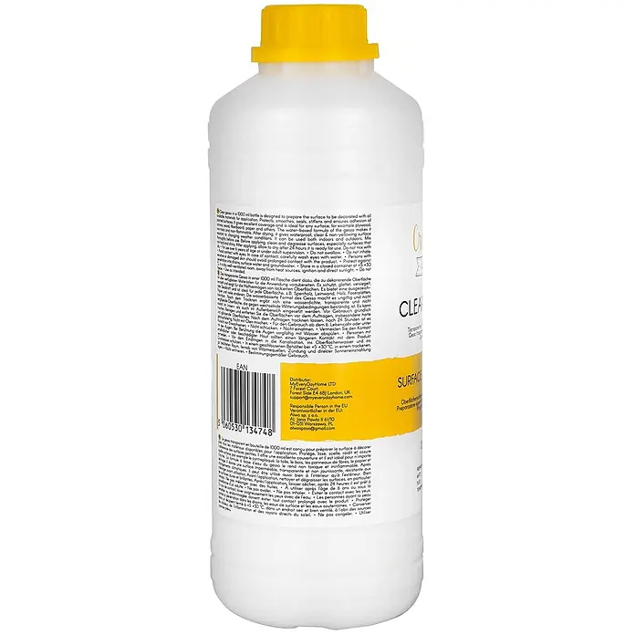 Creative Deco Speziallack Gesso Klar 1000ml - Transparent, 1 l, Wasserbasiert - Eine weiße Flasche mit gelbem Verschluss enthält transparentes Gesso zur Oberflächenvorbereitung.